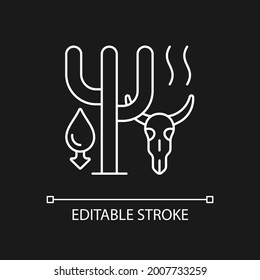 Extreme drought causing animals extinction white linear icon for dark theme. Biodiversity loss. Thin line customizable illustration. Isolated vector contour symbol for night mode. Editable stroke