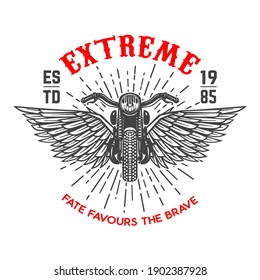 Extreme. Emblem template with winged motorcycle. Design element for logo, label, sign, emblem, poster. Vector illustration