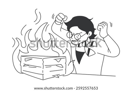 Extreme emotion expression. Angry female office employee overloaded with paperwork and burning deadlines. Crazy busy worker furious. Outline flat vector illustration isolated on background