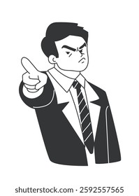 Extreme emotion expression. Angry male office worker or boss in rage points his finger at his opponent. Mad furious manager or employee. Outline flat vector illustration isolated on background