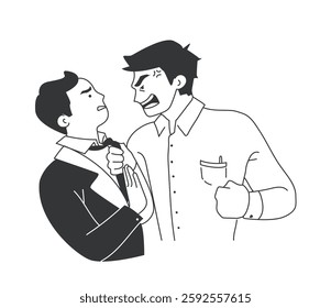 Extreme emotion expression. Angry office employees in confrontation and rage. Company workers swear, fight and shout at each other. Outline flat vector illustration isolated on background