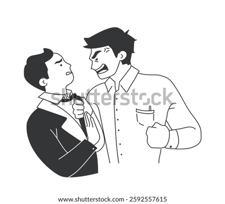Extreme emotion expression. Angry office employees in confrontation and rage. Company workers swear, fight and shout at each other. Outline flat vector illustration isolated on background