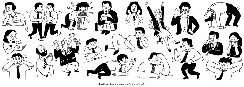 Extreme emotion expression of business people, cute character illustration doodle, black and white ink style. Outline, linear, thin line art, hand drawn sketch design. 