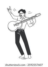 Extreme emotion expression. Cool office worker plays guitar and performs rock music. Happy positive employee of company. Outline flat vector illustration isolated on background