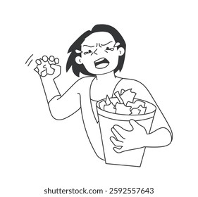 Extreme emotion expression. Crazy woman office worker throwing paper, screaming and getting angry. Company employee in stress and rage. Outline flat vector illustration isolated on background