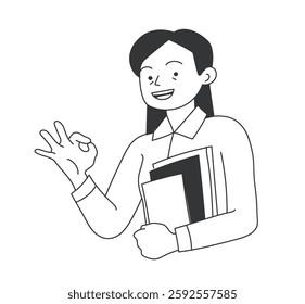 Extreme emotion expression. Happy smiling woman office worker holding folders with documents and showing Okay gesture with hand. Outline flat vector illustration isolated on background