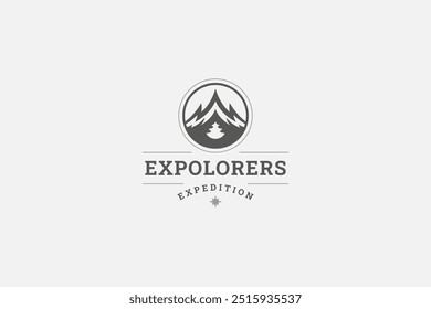 Extreme expedition mountain with spruce retro logo design template vector flat illustration. Hiking mountaineering camping travel adventure nature exploration discovery minimalist logotype