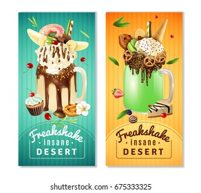 Extreme freakshake dessert 2 vertical cafe advertisement banners with milkshake topped with cream chocolate cake isolated vector illustration 