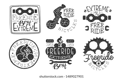 Extreme Freeride Retro Labels Set, Bicycle Sport Hand Drawn Badges Monochrome Vector Illustration