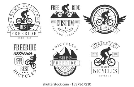 Extreme Freeride Retro Logo Templates Set, Bicycles Extreme Challenge Badges Vector Illustration