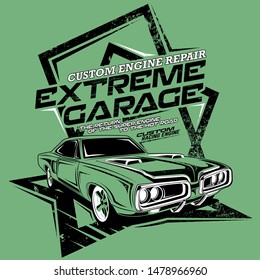 extreme garage custom engine repair, illustration of a classic fast car