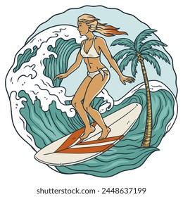 Extreme girl surfer on surfboard for design of summer beach life. Active woman on surf board with wave and tropical palms for surfing, sea sport. Exotic beach female for ocean design of t shirt print.