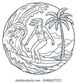 Extreme girl surfer on surfboard for design of summer beach life. Active woman on surf board with wave and tropical palms for surfing, sea sport. Exotic beach female for ocean design of t shirt print.