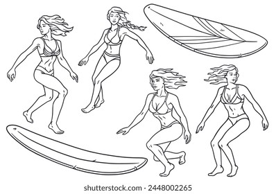 Extreme girl surfer set on surfboards for design of summer beach life. Active woman on surf board, wave for surfing, sea sport. Tropical exotic beach female collection for ocean design. Outline style.