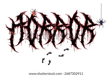 Extreme Gothic Horror Metal Text Vector Design with Spikes, Insects, and Footprints - Aggressive Black Typography for Underground Film, Music, and Halloween.