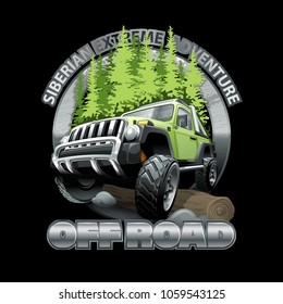 Extreme green Off Road Vehicle SUV Siberian adventure. Vector illustration.