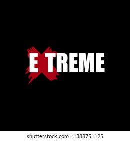 Extreme - grunge white logo with hand drawn red ink brush cross on black background. Extreme sport icon design for poster, flyer, banner, t-shirt print. X game abstract sign with handdrawing stroke