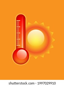 Extreme heat banner. Red thermometer and sun. Vector 3d illustration.