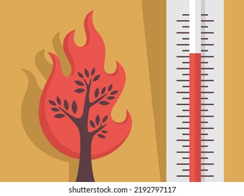 Extreme heat can cause wildfires. Hot summer temperature and burning tree - flat vector illustration