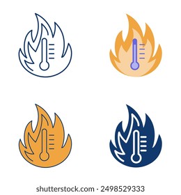 Extreme heat icon set in flat and line style. High temperature. Flame symbol with thermometer. Vector illustration.