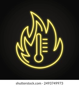 Extreme heat neon line icon. High temperature. Flame symbol with thermometer. Vector illustration.