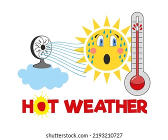 Extreme Heat Sun Character Icon Vector Hand Drawn Illustration. Cloud, Fan, Wind, Thermometer. Hot Weather. Yellow, Blue, Orange, Red, White Colors.