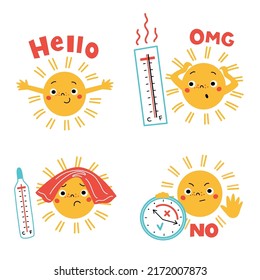 Extreme Heat Sun Character Icons. Sun Safety Vector Hand Drawn Cartoon Illustrations. 