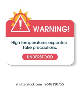 Extreme Heat Warning social networks template. Info message popup with red triangle with warning sign with an exclamation mark and the sun.  High temperature warning flat modern illustration