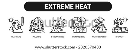 Extreme Heat web banner icon vector illustration concept with icons of heatwave, wildfire, strong wind, climate risk, weather alert, and drought.