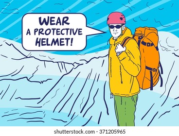 extreme hiker with a backpack in the mountains said to wear a helmet comics