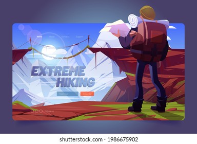 Extreme hiking cartoon landing page. Traveler man with map at mountains, travel adventure. Tourist with backpack stand at rocky landscape look on suspended bridge over high peaks vector web banner