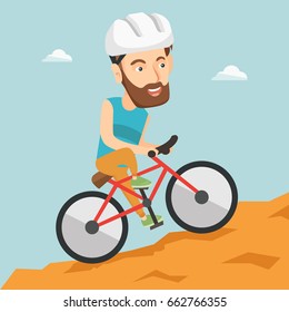 Un hombre hipster extremo con barba montando en bicicleta de montaña. Un joven turista de confianza en el casco viajando por las montañas en una bicicleta de montaña. Ilustración de diseño plana vectorial. Diseño cuadrado.