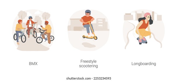 Extreme hobbies isolated cartoon vector illustration set. Teenage boy on bmx bike, freestyle scootering, riding kick scooter in skate park, girl riding longboard, urban longboarding vector cartoon.