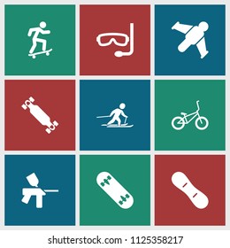 Extreme icon. collection of 9 extreme filled icons such as skiing, skate board, snow board, bicycle, aqualung, skateboard. editable extreme icons for web and mobile.