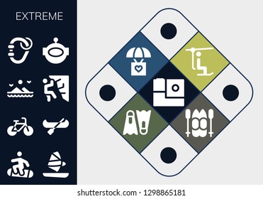  extreme icon set. 13 filled extreme icons. Simple modern icons about  - Gopro, Snowboard, Windsurf, Bicycle, Canoe, Mountains, Climbing, Carabiner, Aqualung, Chairlift, Parachute