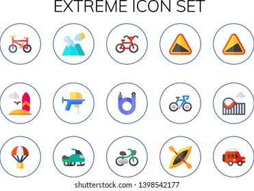 extreme icon set. 15 flat extreme icons.  Simple modern icons about  - bicycle, surfboard, mountain, paintball gun, slope, roller coaster, parachute, snowmobile, kayak, jeep