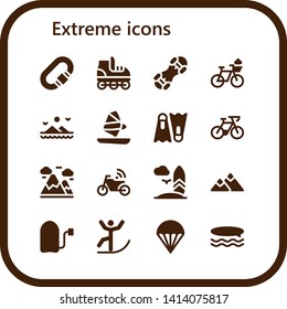 extreme icon set. 16 filled extreme icons.  Collection Of - Carabiner, Roller skate, Snowboard, Bicycle, Mountains, Windsurf, Dive, Motorbike, Surfboard, Mountain, Surf, Skiing