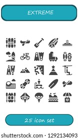  extreme icon set. 25 filled extreme icons. Simple modern icons about  - Ski, Canoe, Rowing, Surfboard, Mountain, Bicycle, Dive, Roller skate, Surf, Flippers, Climbing, Peak, Chairlift