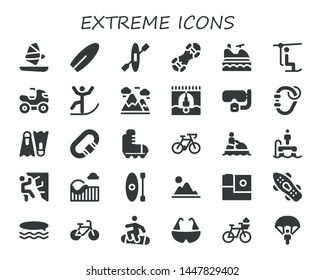 extreme icon set. 30 filled extreme icons.  Collection Of - Windsurf, Surfboard, Kayak, Snowboard, Jet ski, Chairlift, Quad, Skiing, Mountains, Bungee jumping, Dive, Carabiner