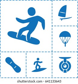 Extreme icon. set of 6 extreme filled icons such as snowboard, snow board, windsurfing, surfing, spy camera