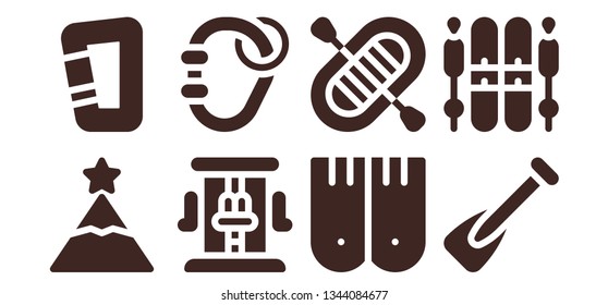 extreme icon set. 8 filled extreme icons.  Collection Of - Peak, Carabiner, Roller coaster, Flippers, Rafting, Rowing, Ski