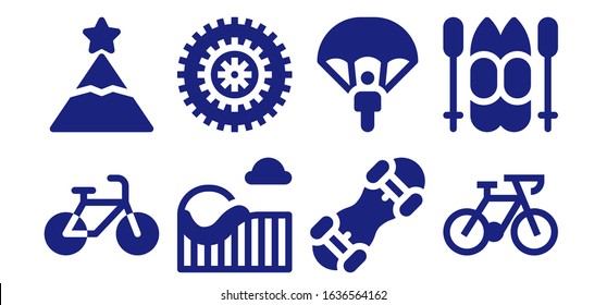 extreme icon set. 8 filled extreme icons.  Simple modern icons such as: Bicycle, Peak, Roller coaster, Snowboard, Parachute, Ski