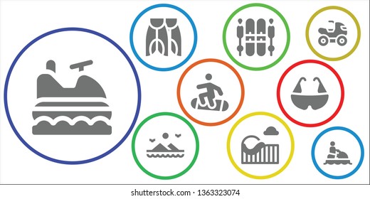 extreme icon set. 9 filled extreme icons.  Simple modern icons about  - Jet ski, Flippers, Ski, Mountains, Roller coaster, Snowboard, Bicycle, Quad