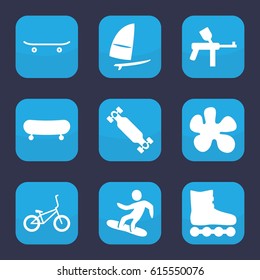 Extreme icon. set of 9 filled extreme icons such as snowboard, skateboard, skate board, windsurfing, bicycle, paintball, skate