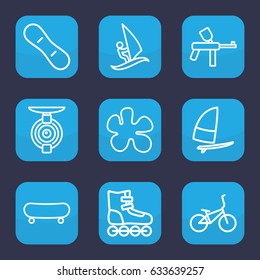 Extreme icon. set of 9 outline extreme icons such as surfing, spy camera, snow board, windsurfing, bicycle, roller skate, paintball