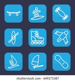 Extreme icon. set of 9 outline extreme icons such as surfing, skateboard, snow board, skate board, windsurfing, rowing, hang glider