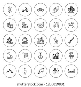 Extreme icon set. collection of 25 outline extreme icons with aqualung, bicycle, climbing, canoe, free fall, jumpshare, kayak, mountain, paintball icons. editable icons.