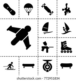 Extreme icons. set of 13 editable filled extreme icons such as parachute, skate, hang glider, skiing, snow board, skate board, windsurfing, surfing, spy camera, roller skate