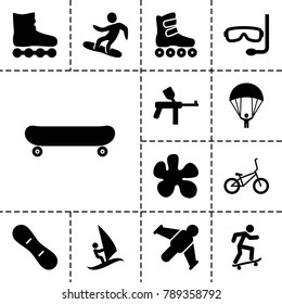 Extreme icons. set of 13 editable filled extreme icons such as paintball, roller skate, hang glider, snowboard, snow board, bicycle, aqualung, surfing, skateboard, parachute