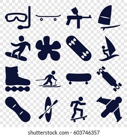 Extreme icons set. set of 16 extreme filled icons such as skiing, snowboard, skateboard, skate board, snow board, windsurfing, rowing, aqualung, surfing, hang glider